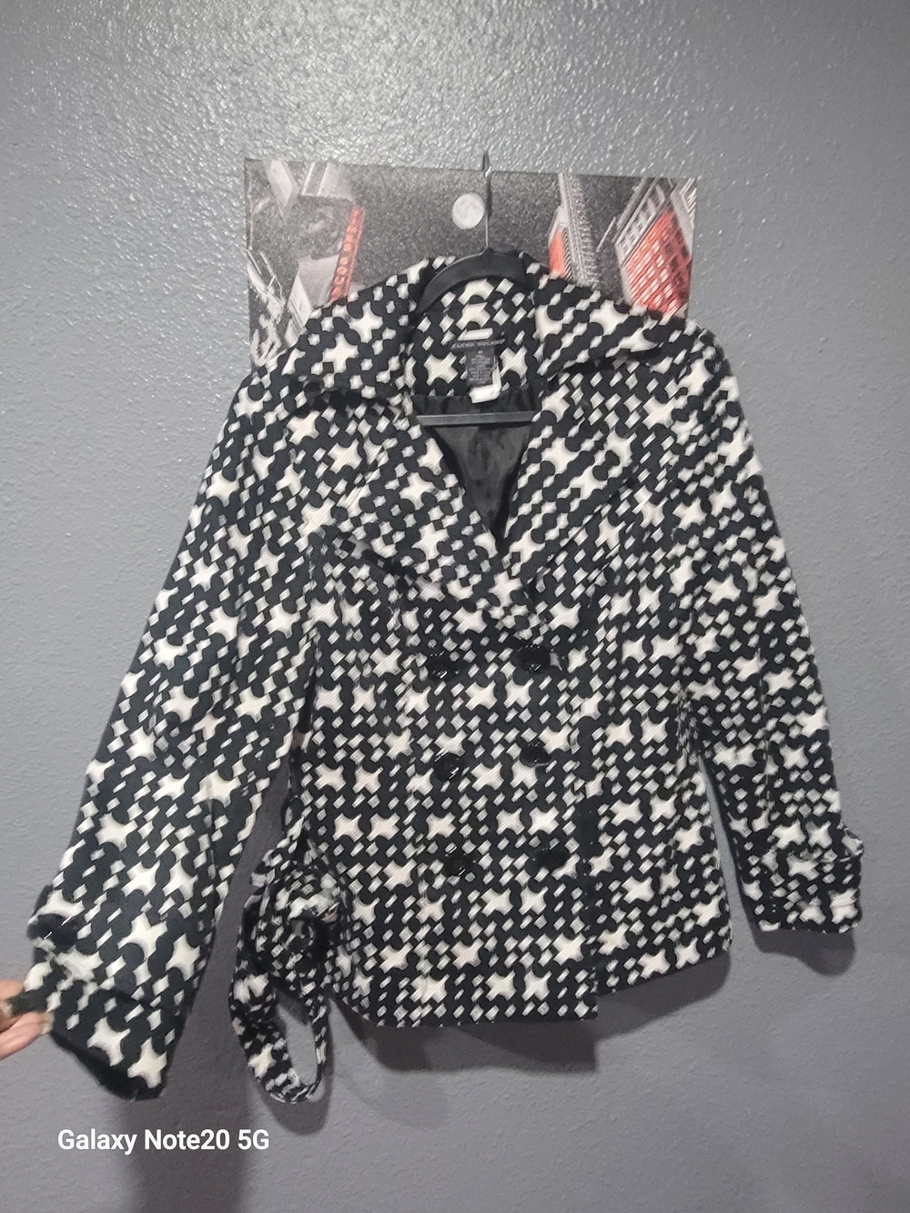 Womens Black & White Patterned Peacoat Jacket